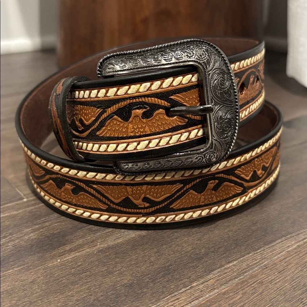 Montauk Genuine Leather Tooled Western Rodeo,filigree buckle,single stitch edge